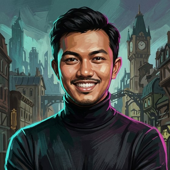 Illustrated portrait of Ihsan Wanda, arms crossed, lit with cyan and magenta rim light against a city skyline.